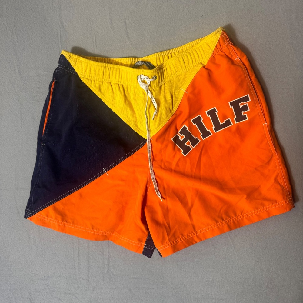 Vtg Tommy Hilfiger Mens Orange Navy Colorblock Swim Trunks Shorts XL HILFIGER